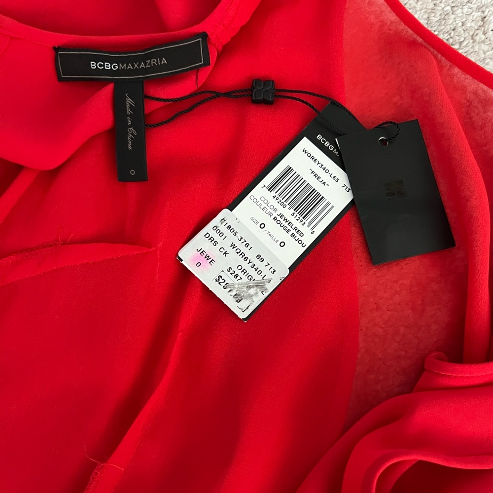 NWT BCBGMaxAzria “Freja” Red Sheer Panel Pleated Dress - Picture 6 of 11